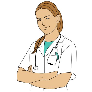 Kadın doktor kolları bağlı duruyor, vektör çizimi..