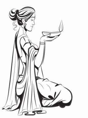 Diya 'yı tutan kadın, vektör illüstrasyonu