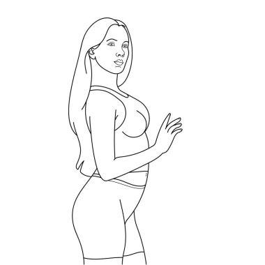 Genç, güzel bir kadın, siyah beyaz spor kıyafetleri giyiyor.