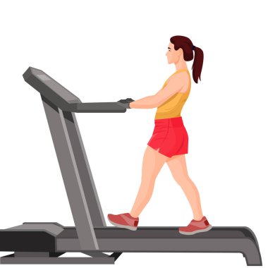 Zayıf sporlu genç bir kadın, modern hafif spor salonunda koşu bandında yürüyor.