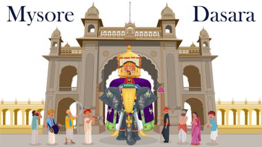 Mysore dasara, Balarama is lead elephant of Dasara procession and carried the idol of goddess Chamundeshwari, Balarama Name in Kannada Language, Musician Performing and People watching Procession clipart