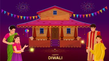 Mutlu Diwali 'ler mutlu aile, Geleneksel Hint Evi Diya ile süslenmiş