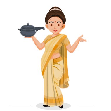 Indian woman holding Pressure Cooker, Lady chef is holding pressure cooker in hand. clipart