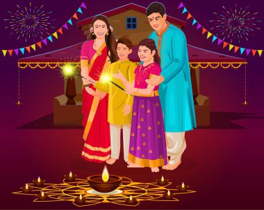Hint ışık festivali Mutlu bayramlar mutlu aile, tatil geçmişi, Diwali kutlama kartı, vektör illüstrasyon tasarımı.