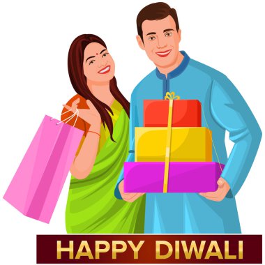 Diwali 'yi kutlayan çift, elinde hediye kutusu, Hint ışık festivali Mutlu Diwali ve mutlu aile.,