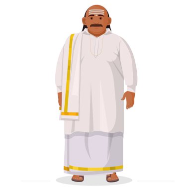 Geleneksel Güney Hindistan kıyafeti giymiş Hintli adam geleneksel Hint elbisesi Dhoti ve Shirt giyen adam.