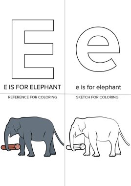 Çocuklar için boyama kitabı sayfası illüstrasyonlu E alfabesi,