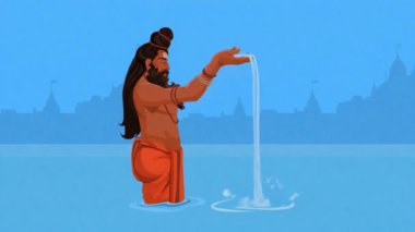 Sadhu kutsal bir nehirde dua ediyor, elinde su tutuyor ve zarafetle onları aşağı yukarı hareket ettiriyor.