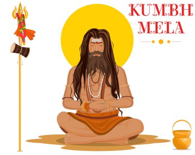 Sadhu dua ederek meditasyon yapıyor, Kumbh Mela festivali Hindistan 'da. sadhu vektör illüstrasyonu