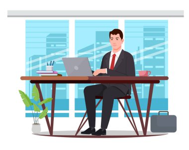 Ofis masasında çalışan bir işadamı, iş vektörü illüstrasyonu