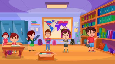 Sınıftaki çocuklar, eğlenceli aktivitelere katılan bir grup çocuk, okul etkinliği illüstrasyonları