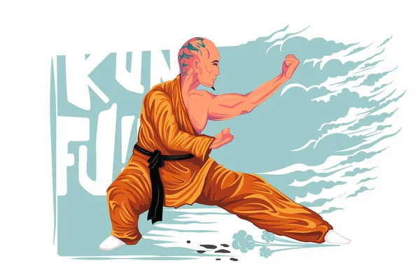 stock vector Chinese vector shaolin monk in kung fu pose, wearing an orange traditional dress. kung fu master vector illustration