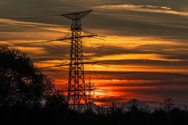 Koyu kırmızı, turuncu ve sarı renkli dramatik günbatımı gökyüzü. Elektrik direkleri olan yüksek voltajlı elektrik hatları. Bush ön planda. 