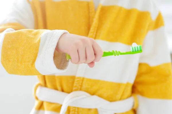 Cute Child Brushing Teeth Preschooler Boy Using Toothpaste Toothbrush Bathroom — Stock Photo, Image