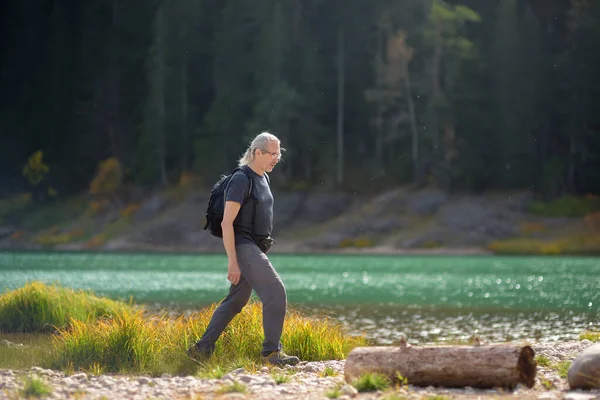 在黑山的国家公园里旅行的头发灰白的成熟男人 高山湖畔的资深游客徒步旅行 背包远足 — 图库照片