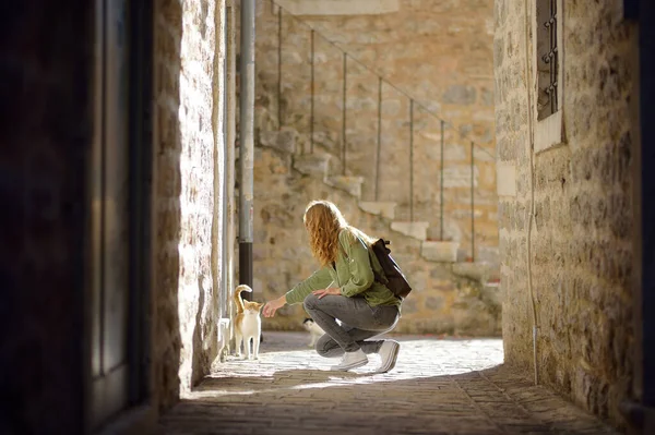 魅力的な若い観光客の女性ブドヴァの旧市街で猫をペッティング 夕日の古代の町の魅力的な赤髪の女の子の称賛 モンテネグロ観光 ソロ旅行 — ストック写真