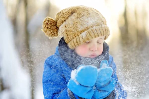 Niño Soplando Nieve Sus Manos Los Niños Disfrutan Paseando Por — Foto de Stock