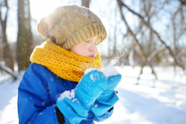 小さな男の子が手から雪を吹いていた 子供たちは雪の日に公園を歩くのを楽しむ 雪の中で楽しい赤ちゃん 子供連れの家族のための屋外冬の活動 — ストック写真