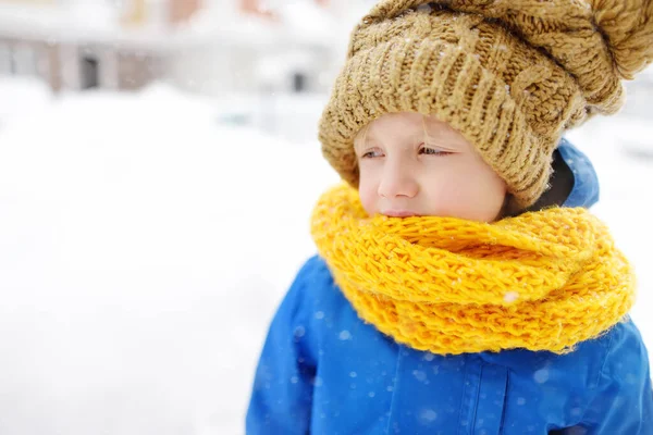 Маленький Хлопчик Блакитному Зимовому Одязі Ходить Під Час Снігопаду Крупним — стокове фото