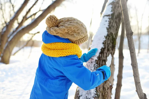 Маленький Хлопчик Весело Грає Бурулем Лісі Сонячний Зимовий День Активний — стокове фото