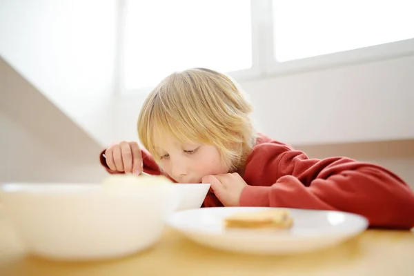 Cute Schoolchild Eating His Breakfast Kitchen Morning Good Appetite Proper — Stock Photo, Image