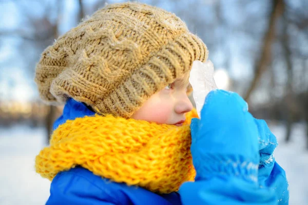 Mały Chłopiec Bawiący Się Soplem Lesie Słoneczny Zimowy Dzień Dziecko — Zdjęcie stockowe