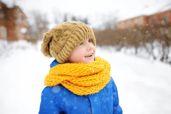 晴れた冬の日に歩いて小さな男の子を賞賛します 感情的な子供の暖かい服 手の手袋やスカーフに身を包んだ 雪の中で自然の中で子供と家族のためのアクティブな屋外レジャー — ストック写真