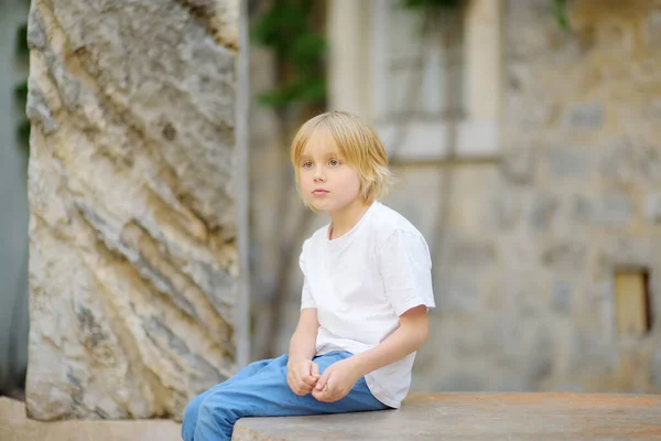 Cute Preteen Boy Walk Budva Old Town Montenegro Child Tourist — Stock Photo, Image