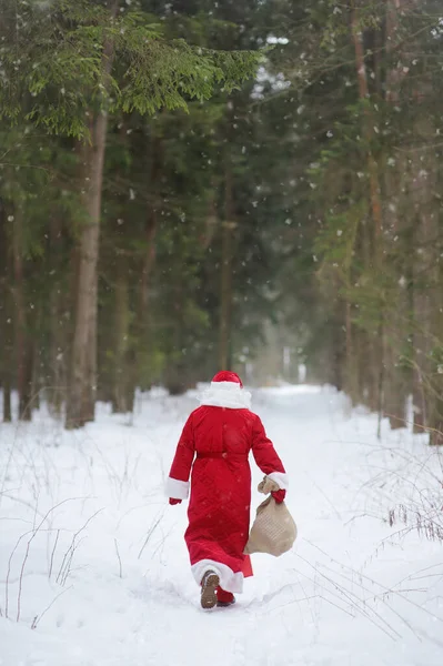 Papai Noel Com Saco Presentes Natal Está Caminhando Pela Floresta — Fotografia de Stock