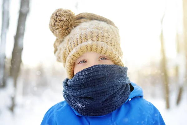 Kék Téli Ruhás Kisfiú Portréja Hóesésben Sétál Fagyos Téli Napon — Stock Fotó