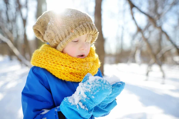 Ένα Αγοράκι Που Φυσάει Χιόνι Από Χέρια Του Παιδί Απολαμβάνει — Φωτογραφία Αρχείου