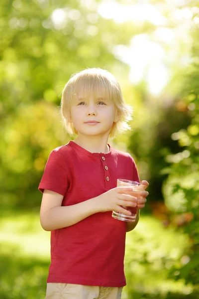 Kleine Jongen Drinken Glas Water Hete Zonnige Zomerdag Achtertuin Thuis — Stockfoto