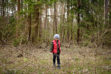 Kırmızı yelekli küçük çocuk büyük bir dalla oynuyor ve bahar sabahının erken saatlerinde ormanda eğleniyor. Çocuklar için etkinlik. Çocuklu aileler için açık hava eğlencesi