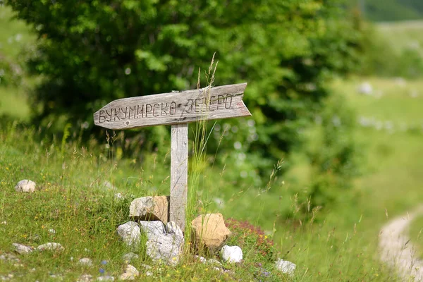 Wooden direction sign on Bukumirsko Lake in the valley of the Dinaric Alps in Montenegro. Hiking and tracking concept