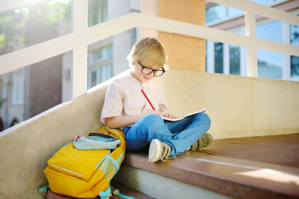 Little student doing homework on break on stair of elementary school building. Portrait of funny nerd schoolboy with big glasses. Vision problems. Back to school concept. Education for small kids.