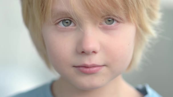 Close Portrait Sad Thoughtful School Age Child Cute Boy Closed — Stock Video