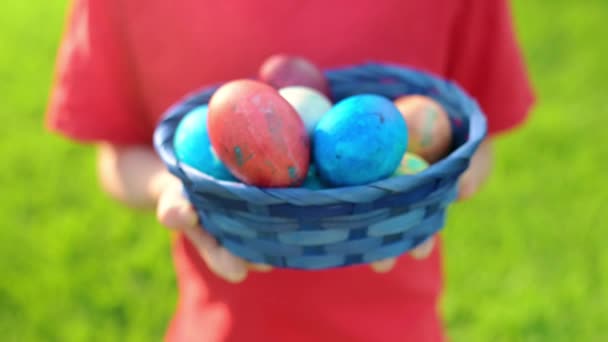 Little Boy Holding Blue Straw Basket Full Colorful Eggs Easter — Wideo stockowe