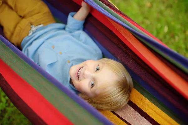 Cute Little Blond White Boy Enjoy Having Fun Multicolored Hammock — Stock Photo, Image