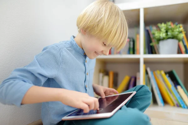 Preschooler Boy Watches Cartoon Movie Tablet Playing Game Overuse Addiction — Stock Photo, Image