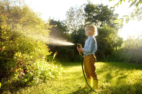 Забавный Мальчик Поливает Растения Играет Садовым Шлангом Разбрызгивателем Солнечном Заднем — стоковое фото