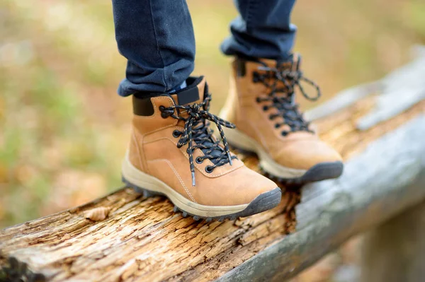 Close View Child Legs Hiking Boots Preteen Boy Having Fun — Stock Photo, Image
