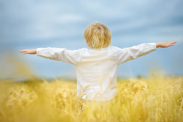 Modlete Ukrajinu Dítě Pozadí Bly Sky Žluté Pšenice Pole Pozadí — Stock fotografie