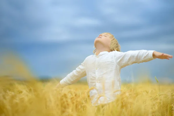 Módl Się Ukrainę Dziecko Jest Tle Nieba Żółtego Pola Pszenicy — Zdjęcie stockowe