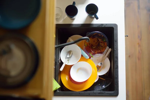 Vue Plate Évier Avec Vaisselle Sale Sur Cuisine Maison Des — Photo