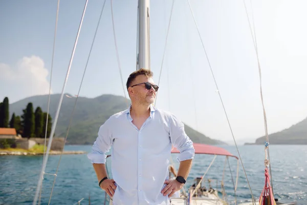 Handsome Mature Man Sailboat Bay Kotor Town Perast Adriatic Sea — Stock Photo, Image