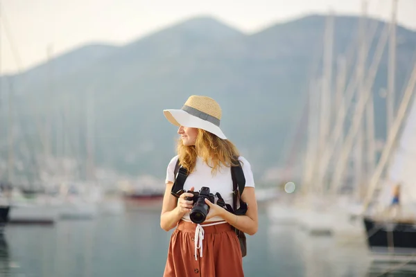 Charming Young Tourist Woman Taking Picture Mediterranean Coast Attractive Red — Stok fotoğraf