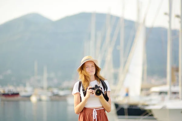 Charming Young Tourist Woman Taking Picture Mediterranean Coast Attractive Red — Zdjęcie stockowe