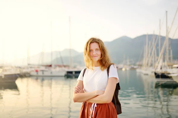 Charming Young Tourist Woman Travel Mediterranean Coast Attractive Red Haired — Stockfoto