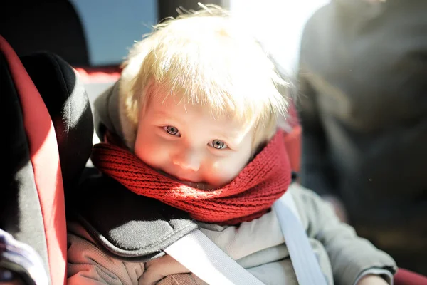 Portrait Cute Toddler Boy Sitting Car Seat Child Transportation Safety — Stock Photo, Image