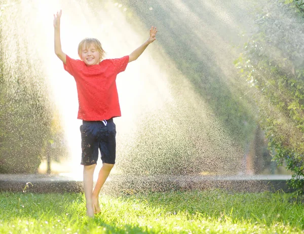 日当たりの良い都市公園で雨の中で遊んで面白い男の子 小学生の子供たちは笑ったり ジャンプしたり 水のスプレーで楽しんでいます 子供のための夏の屋外活動 — ストック写真